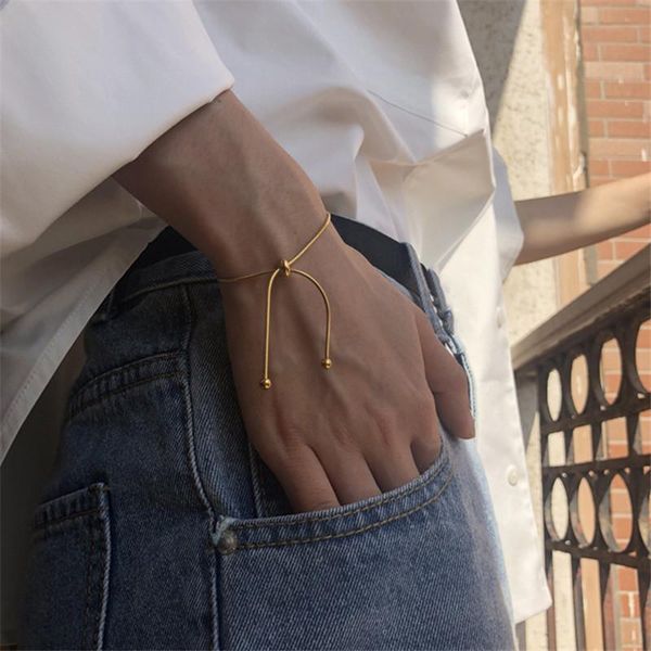 

link, chain simple design titanium steel pull-out adjustable bracelet gold color snake bangle for women girl men beads jewelry gift, Black