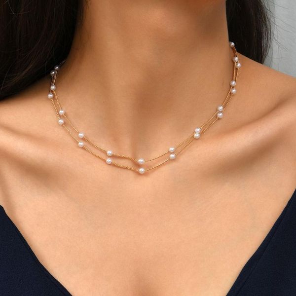 

chokers bohemian minimalist creative double layer chain pearl clavicle twin wind necklace necklaces for women, Golden;silver