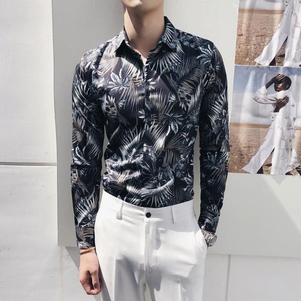 

men's casual shirts men long sleeve fashion dress printed slim fit british style mens black white, White;black
