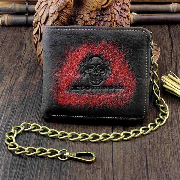 

punk biker wallet vintage skull men's real leahter purse with a chain, Red;black