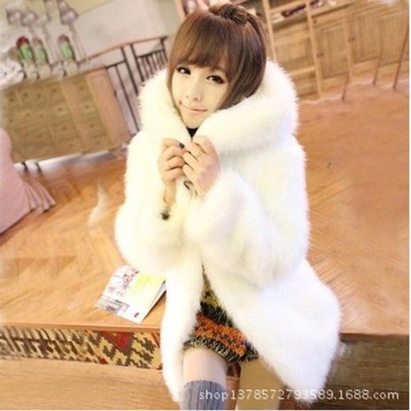 

women's fur & faux autumn and winter artificial imitation coat korean hair hooded plush lovely long, Black