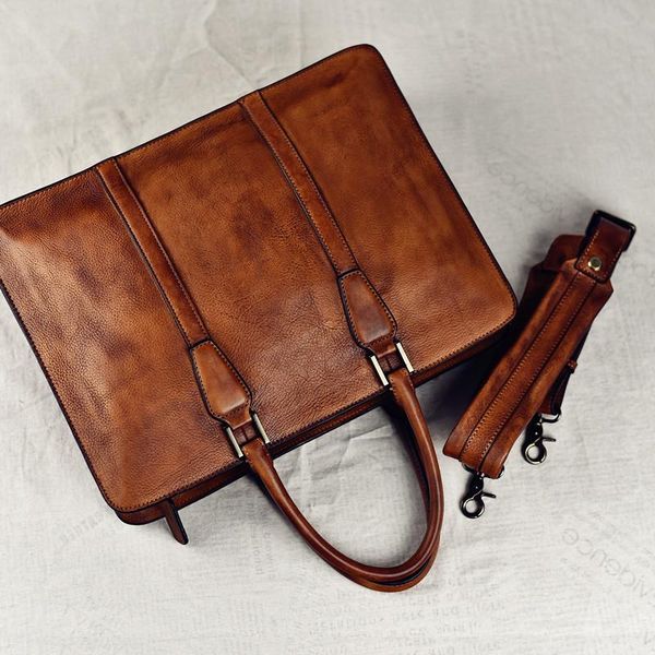 

spot original men's handbag hand made vegetable tanning leather retro horizontal style large capacity stereotyped business briefcases