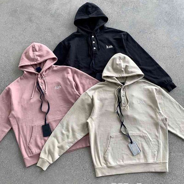 

2021ss fashion brand kith autumn new placket button letter hooded sweater high gram heavy coat, Black