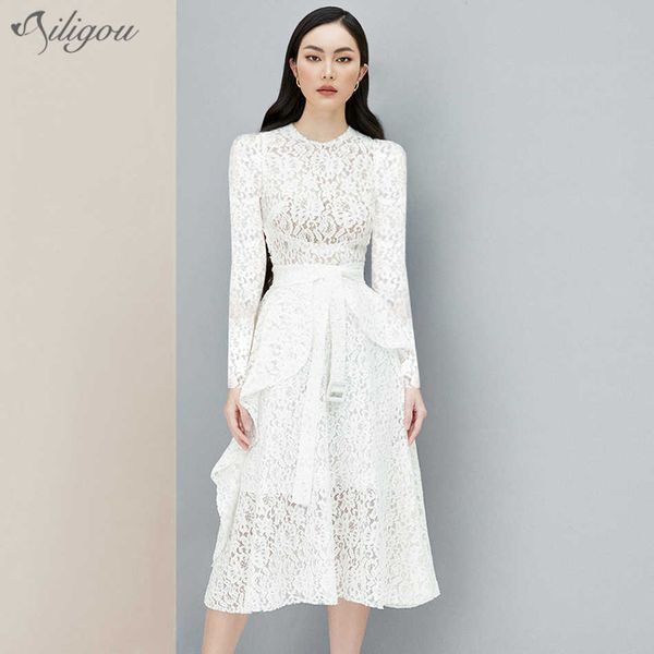 

summer and retro elegant fashion women's lace runway ruffled white office work clothes belt long dress 210527, Black;gray