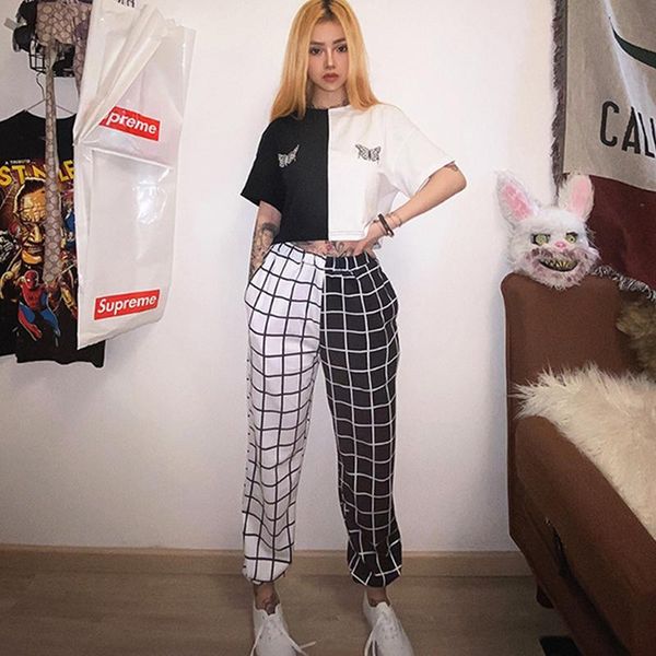 

plaid patchwork women jogger pants girl streetwear high waist elastic female trousers hip hop ladies bottoms women's & capris, Black;white