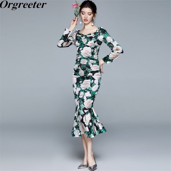 

retro design elegant flower print mermaid party night dress spring fall backless bodycon satin midi ruffles robe 210602, Black;gray