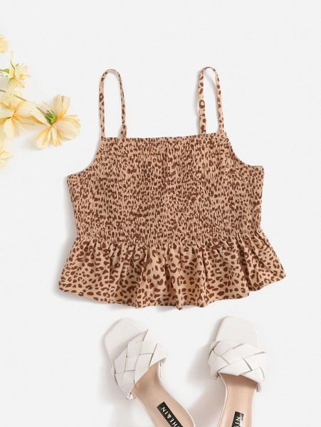 

leopard print shirred ruffle hem crop cami w7gt#, White