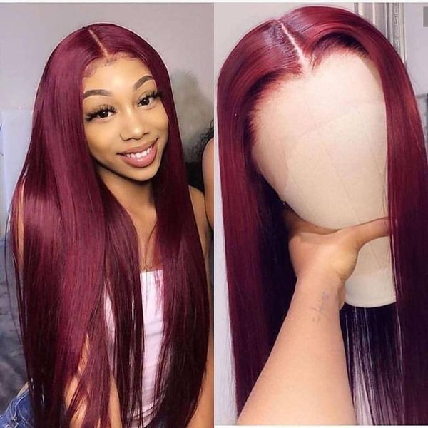 

inch silky straight dark wine color glueless lace front wig for black women with baby hair daily wear heat temperature fiber synthetic wigs