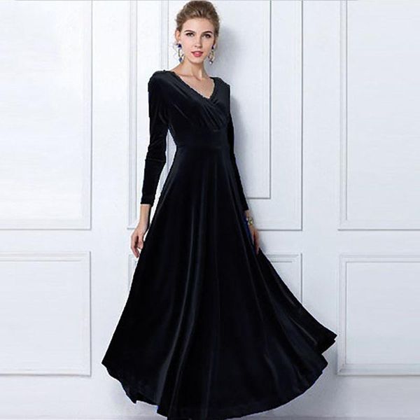 

casual dresses aecu women autumn winter velvet maxi dress long sleeve evening party vestidos clothing 2021, Black;gray