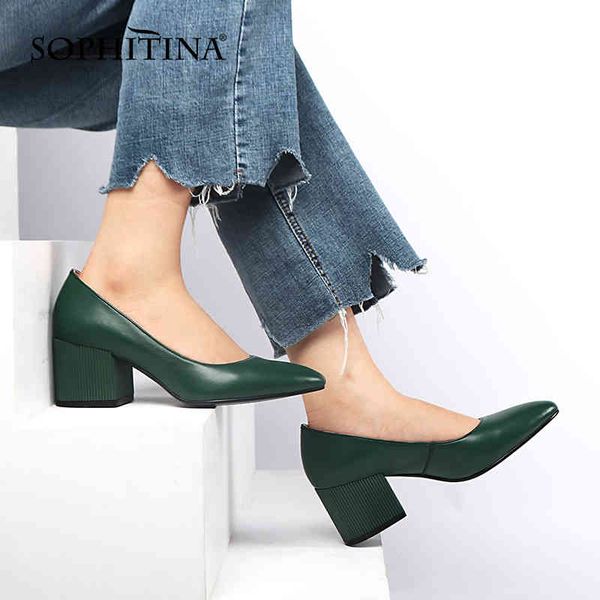 

sophitina genuine leather women's work shoes green shallow mouth handmade shoes thick heel pointed spring female pumps k122 210513, Black