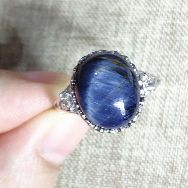 

cluster rings namibia natural pietersite blue gemstone adjustable ring 15x12mm chatoyant oval 925 sterling silver, Golden;silver