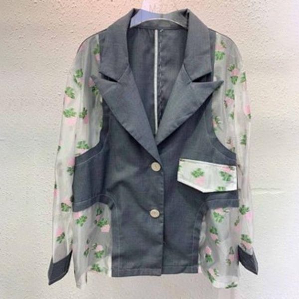 

women's suits & blazers [ewq] korea chic casual trend women lapel organza print stitching fashion loose gray long-sleeved blazer autumn, White;black