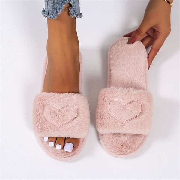 

warm fluffy slippers women faux fur slipper female indoor floor slides flat soft furry house shoes heart shape flip flops ladies y1120, Black