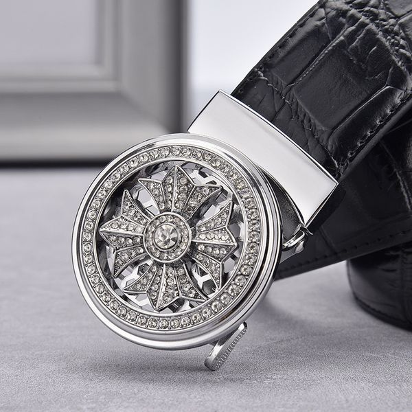 

new belt for men's luck with diamond inlaid round buckle automatic business personality young, Black;brown