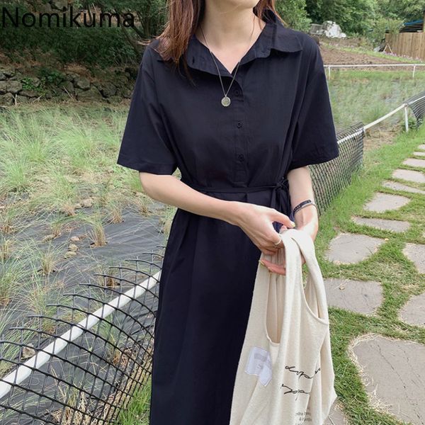 

nomikuma side split slim waist vintage dress women solid color short sleeve casual fashion loose dresses korean vestidos 3c265 210514, Black;gray