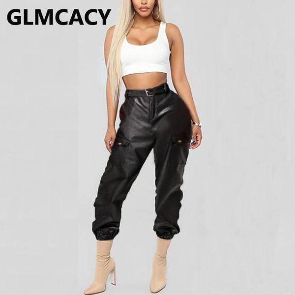 

women chic streetwear belted pu pants women's & capris, Black;white