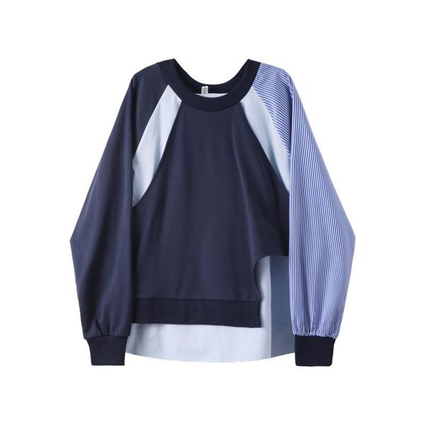 

women's hoodies & sweatshirts [ewq] korea chic asymmetric fake two piece stitched striped sweatshirt autumn winter pullover loose thin, Black