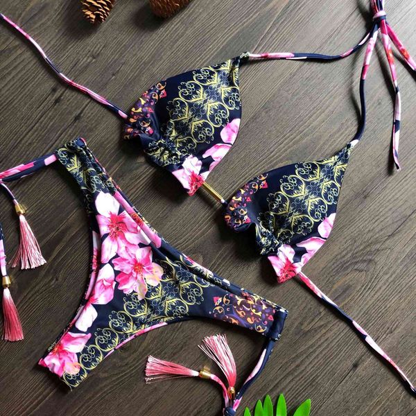 

women's swimwear beachwear bikinis 2021 mujer two piece floral print tassel swimsuit bathing suit monkini a7a5, White;black