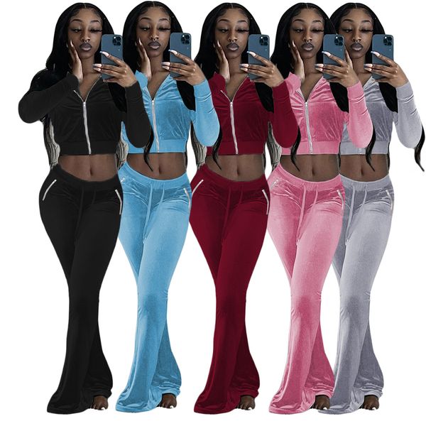 

velvet two piece pant velour clothes set tracksuit women fall winter long sleeve hooded crop sweatshirt+bell bottom s-xxl, White