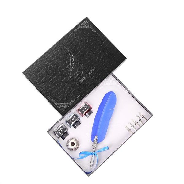 

feather pen ink holder plus 5 set multi-color quality student teacher writing exquisite gift box packaging fountain pens
