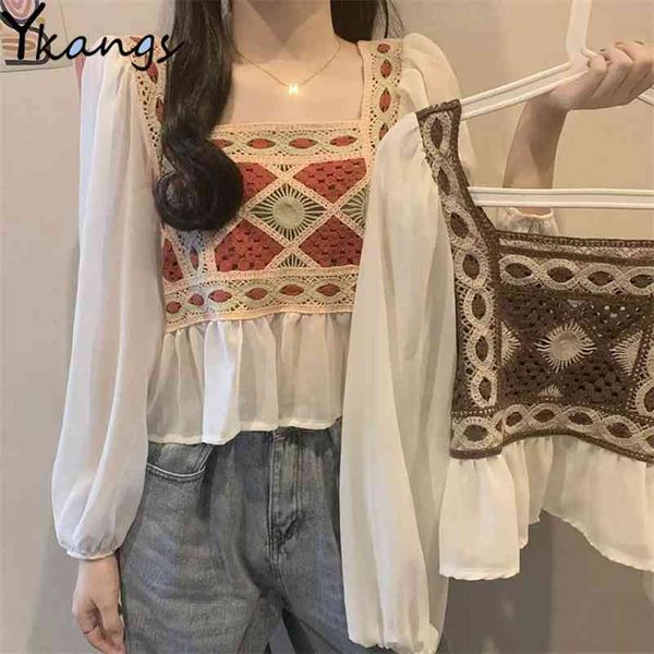 

french square collar stitching hollow chiffon shirt lace long-sleeved short women korean summer knitting embroidery blouse 210421, White