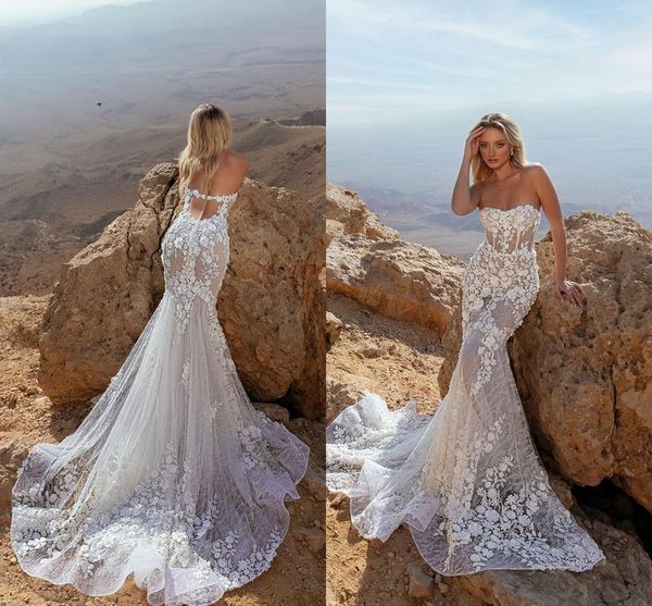 

sweetheart mermaid beach wedding dresses 2022 backless bodice boning 3d floral lace bohemain outdoor bridal dress robes, White
