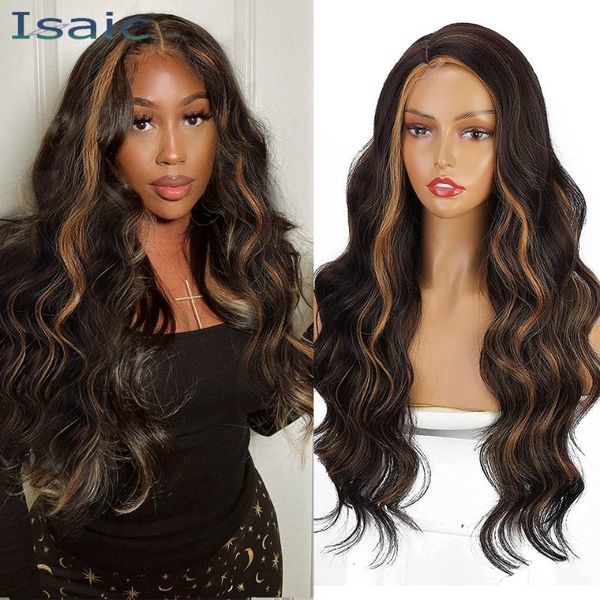 

synthetic wigs isaic long body wavy curly highlights wig side part brown mix blonde natural looking hair for daily use, Black