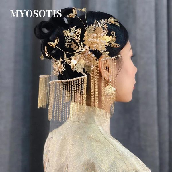 

hair clips & barrettes traditional chinese headdress stick women wedding accessories gold heavy tassel head jewelry bridal headpiece, Golden;silver