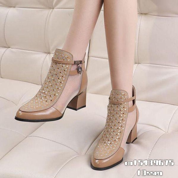 

boots 2021 sandals cowhide genuine leather women high heeeld mesh shoes square heel pointed toe woman summer heels back zip, Black