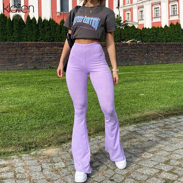 

pants autumn fashion elegant rib knitted solid women flare pants slim high waist street office lady simple female slacks, Black;white