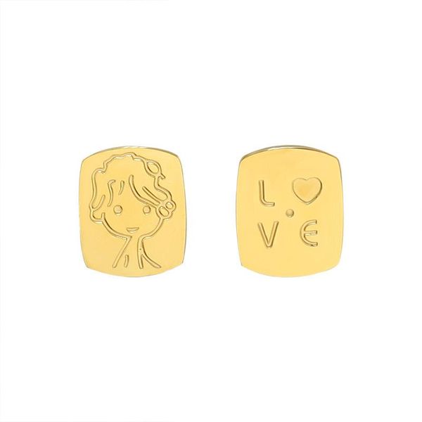 

stud gaku ins trendy creative square plate love english letters little boy portrait asymmetric earrings women's jewelry, Golden;silver