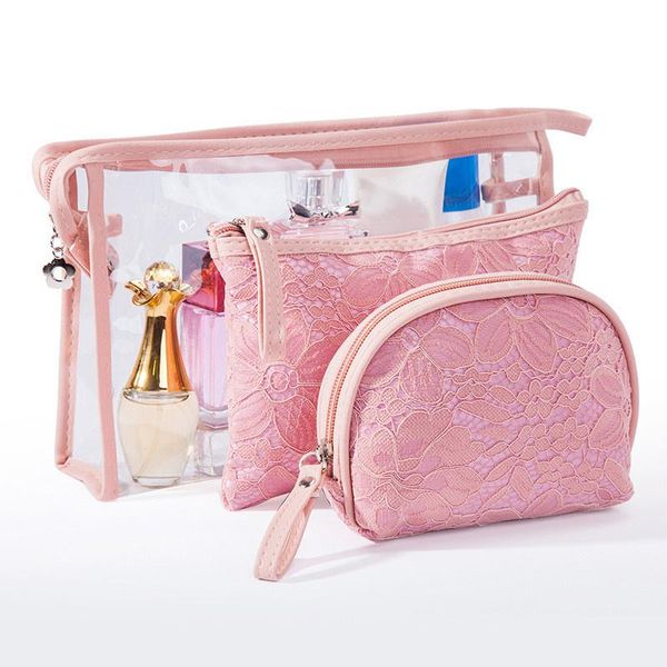 

storage boxes & bins 3-piece lace cosmetic bag portable waterproof pvc ladies temperament clutch lovely casual travel beauty toiletry zipper