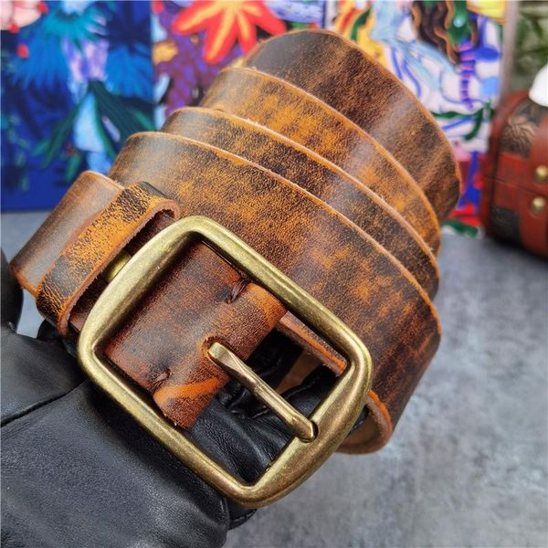 

retro cowboy jeans men's belt vintage brass buckle thick leather ceinture for men long waist mbt0539 belts, Black;brown