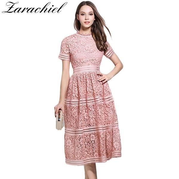 Donne Bohemian Pink Lace Summer Crochet Scava Fuori Casual Manica corta Plus Size Green Dress Runway Designer Abbigliamento di marca 210416