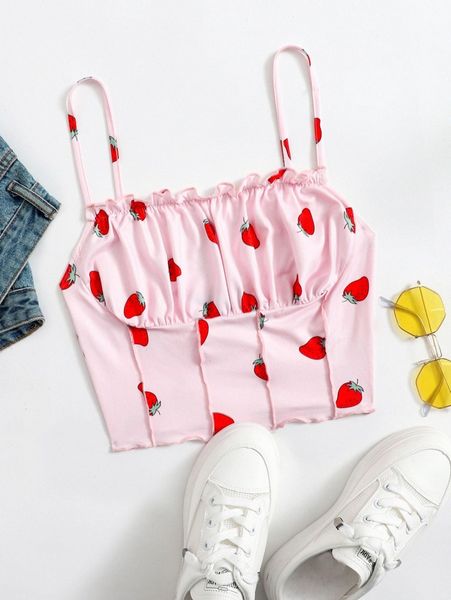 

strawberry print ruched bust cami c4ir#, White