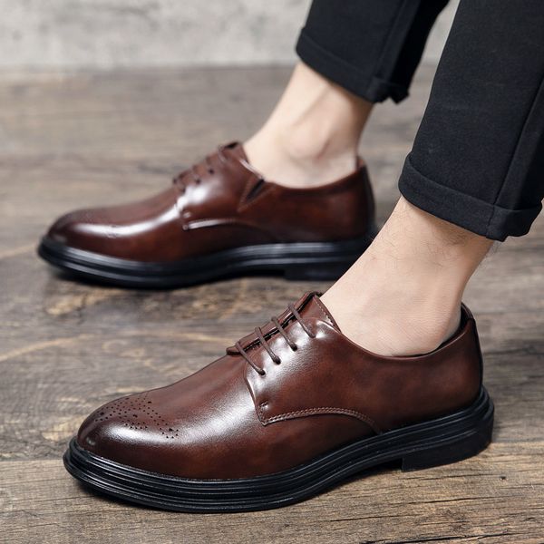 

sho men 2021 men's busins drs leather sho british style pointed low simple fashion, Black