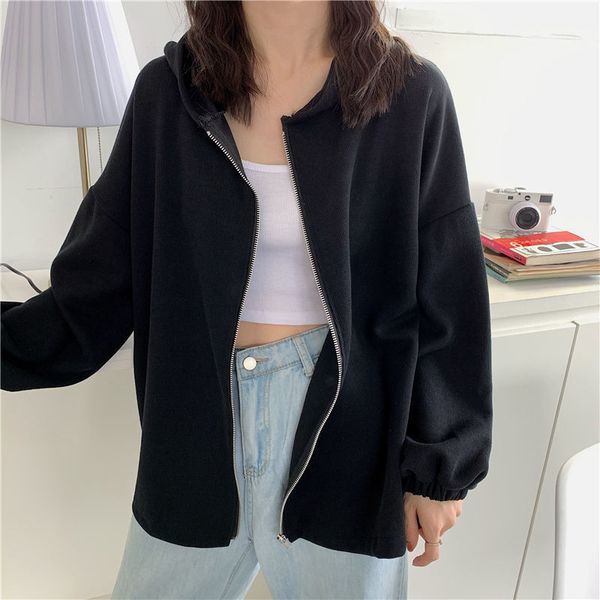 

female spring regular cotton hoodies autumn streetwear zip-up oversize sweatshirt jacket trendy solid color women outwear, Black