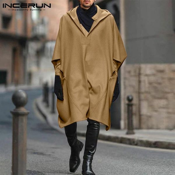 

men's trench coats men cloak streetwear hooded faux wool blends solid color casual irregular cape 2021 loose ponchos s-5xl incerun, Tan;black