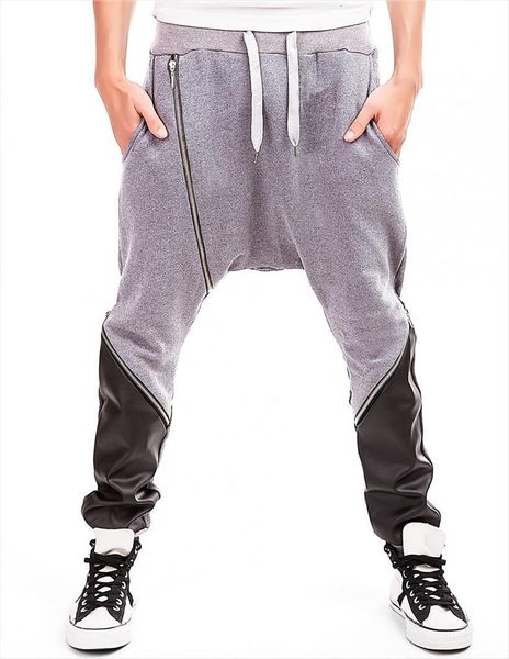 

fashion faux leather harem swag women pant drop crotch streetwear trousers male hip hop joggers drawstring sweatpants 103102, Black