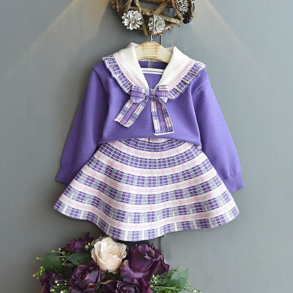 

girls sweater sets kids clothing baby clothes outfits autumn winter cotton plaid long sleeve knitting patterns sweaters short skirts childr, Blue