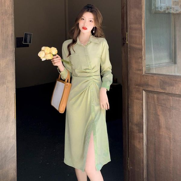 

casual dresses spring and autumn pure color split long-sleeved dress women's irregular crimp shirt waist-tight temperament midi skirt, Black;gray
