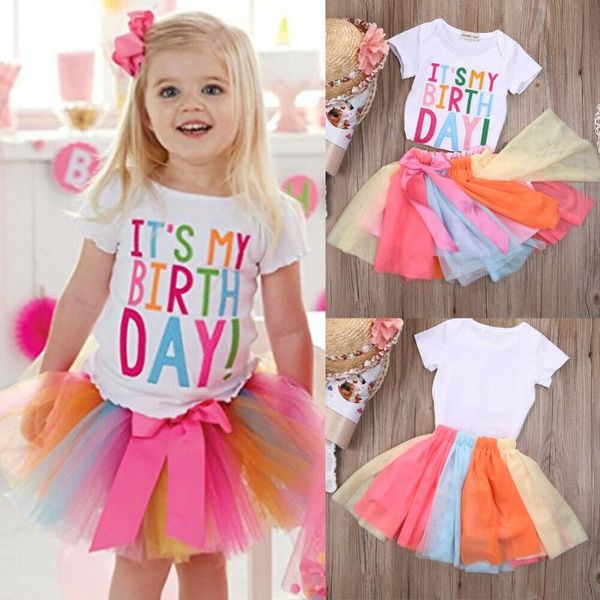 

oddler girls dress clothing set short sleeve t-shirt + colorful tutu skirt 2pcs outfit kids princess party 1-6y sets, White