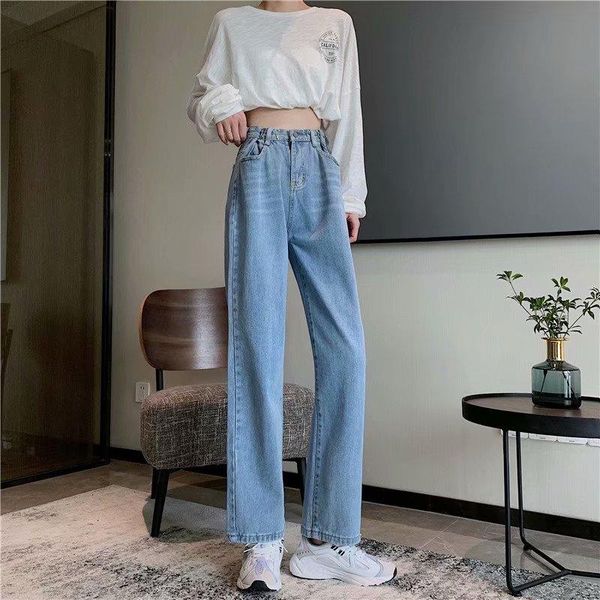 

women's jeans 2021 large size youth loose high waist slimming drape straight mopping thin summer wide-leg women, Blue