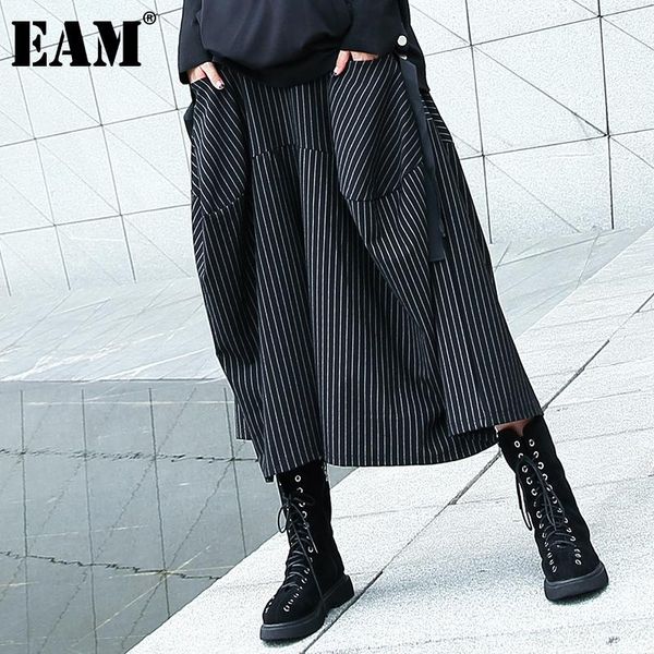 

women's pants & capris [eam] high elastic waist black striped spliced wide leg trousers loose fit women fashion spring autumn 2021 1de1, Black;white