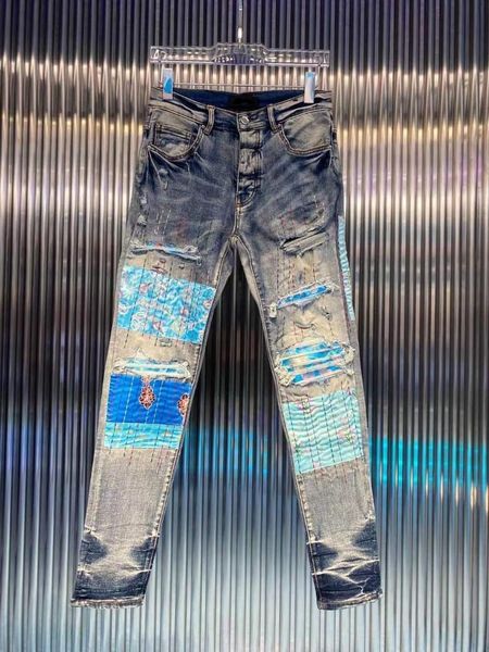 

men's jeans style color patch stitching slim men, Blue