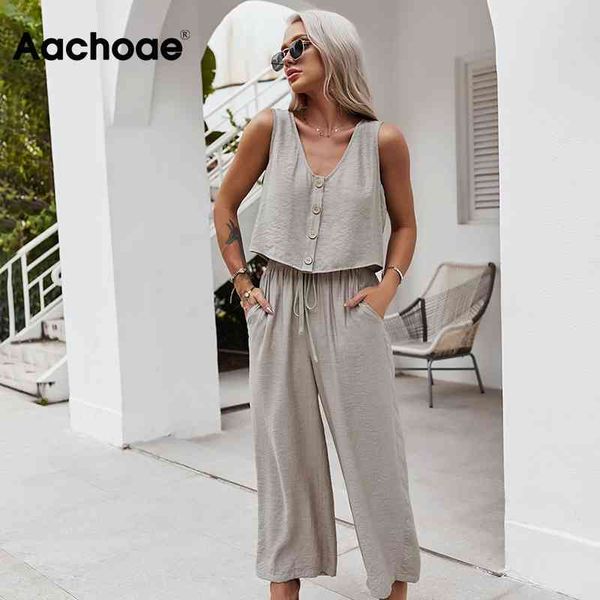

summer women casual two piece set solid color v neck tank crop sets high wasit wide leg pants holiday outfits 210413, White