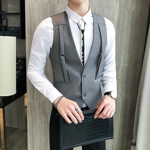 

men's vests brand spring vest business gray strap man short casual v-collar carelecos para hombre waistcoat, Black;white