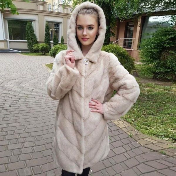 

women's fur & faux real mink coat women natural hooded jacket winter long warm fashion genuine leather coats ladies plus size overcoat, Black