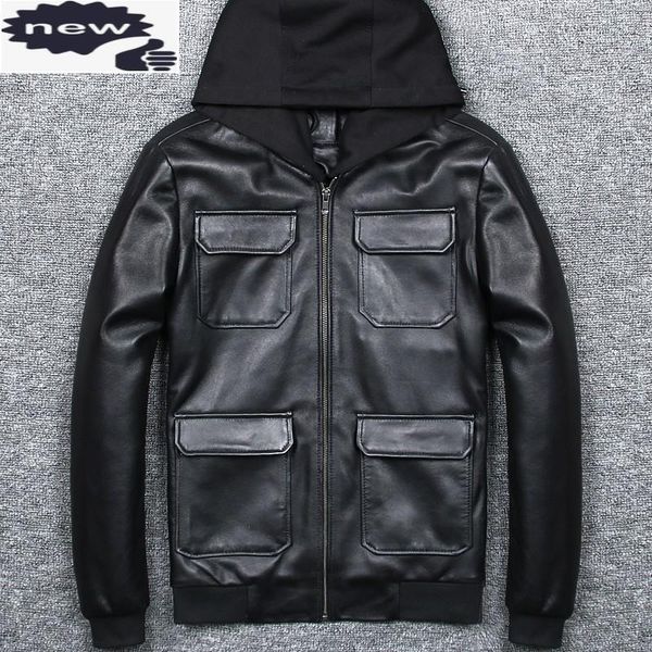 

men's leather & faux autumn slim fit hooded genuine mens zipper stand collar casual plus size 5xl sheepskin real bomber jacket, Black