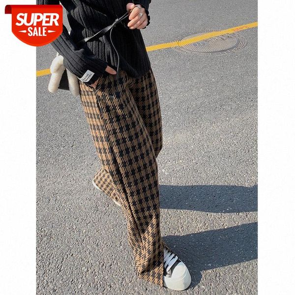 

houndstooth woolen pants women's new year waist loose and thin retro plaid straight wide leg #dd1o, Black;white